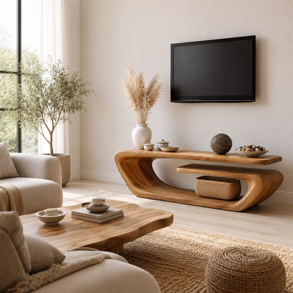 Natural Solid Wood TV Stand with Sculptural Curved Form Minimalist - Livewoodcraft - 5