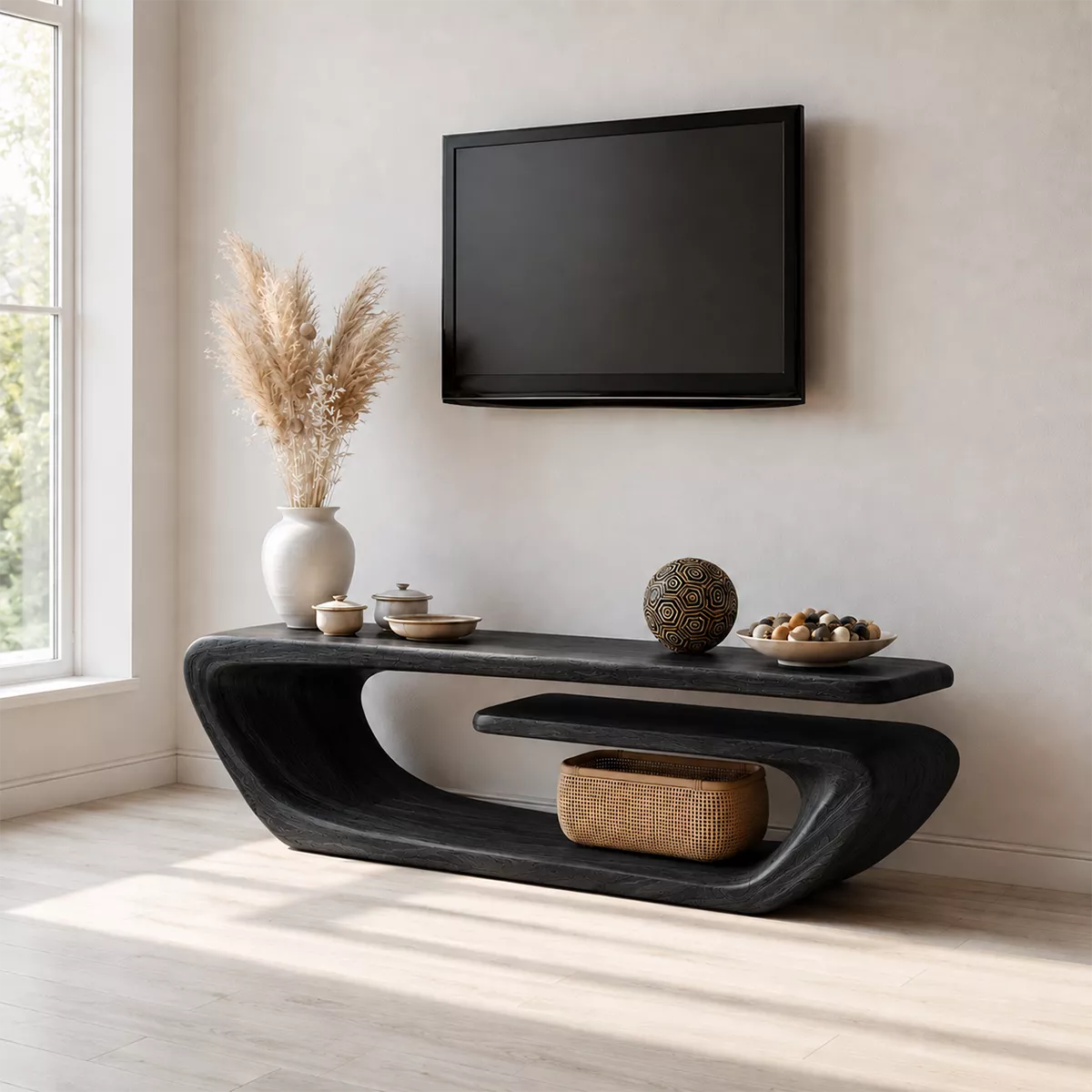 Natural Solid Wood TV Stand with Sculptural Curved Form Minimalist - Livewoodcraft - 6
