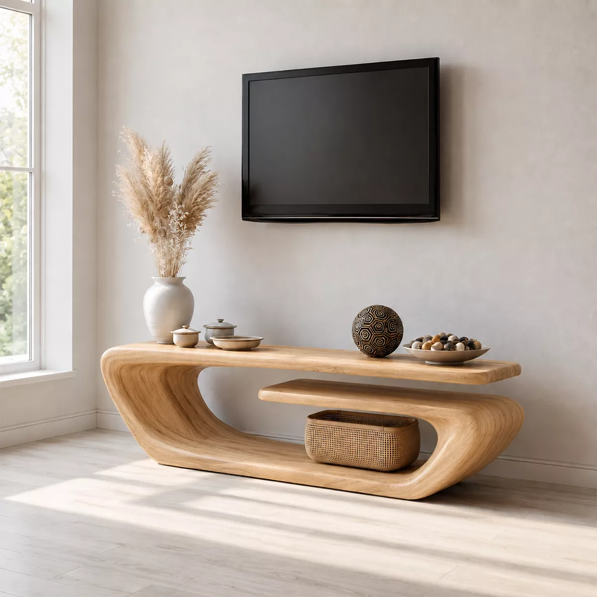 Natural Solid Wood TV Stand with Sculptural Curved Form Minimalist - Livewoodcraft - 7