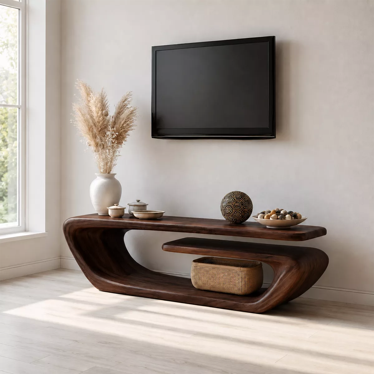 Natural Solid Wood TV Stand with Sculptural Curved Form Minimalist - Livewoodcraft - 8