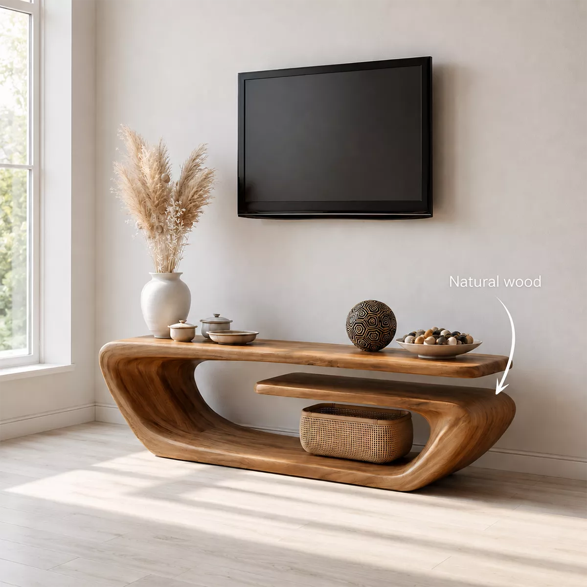Natural Solid Wood TV Stand with Sculptural Curved Form Minimalist - Livewoodcraft - 9