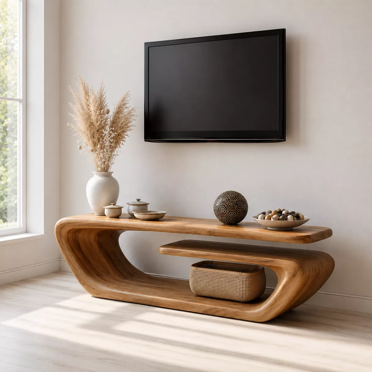 Natural Solid Wood TV Stand with Sculptural Curved Form Minimalist - Livewoodcraft
