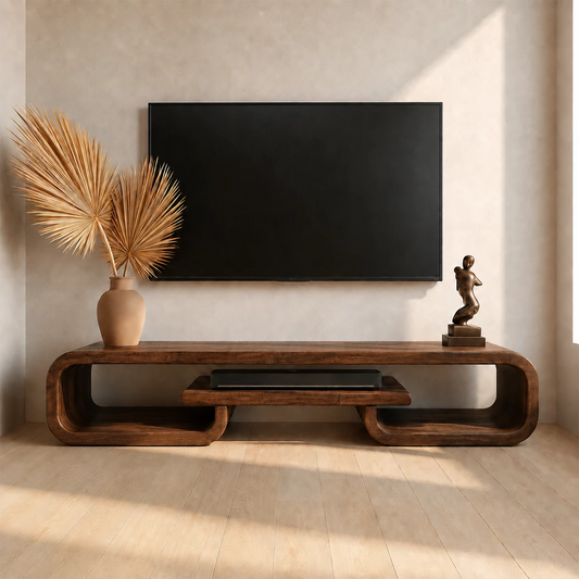 Natural Solid Wood TV Stand with Sculptural Loop Frame and Open Media Shelf - Echotimber