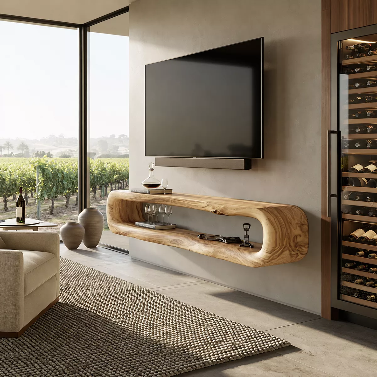 Natural Solid Wood TV Stand with Sculptural Open Nook Minimalist Design - Livewoodcraft - 9