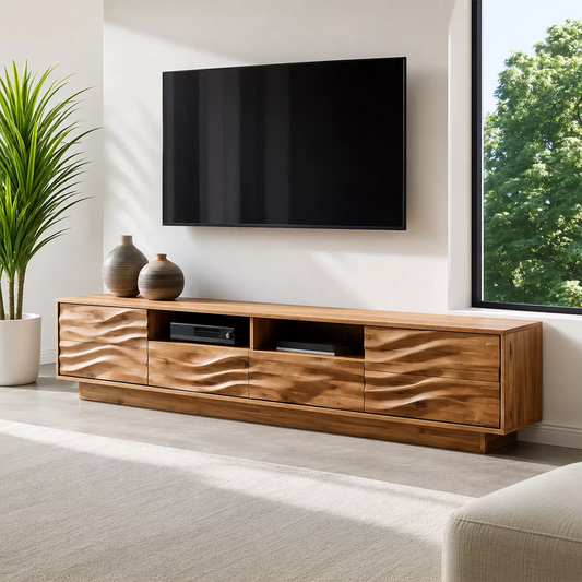 Natural Solid Wood TV Stand with Sculptural Wave Cabinet Doors Minimalist - Echotimber
