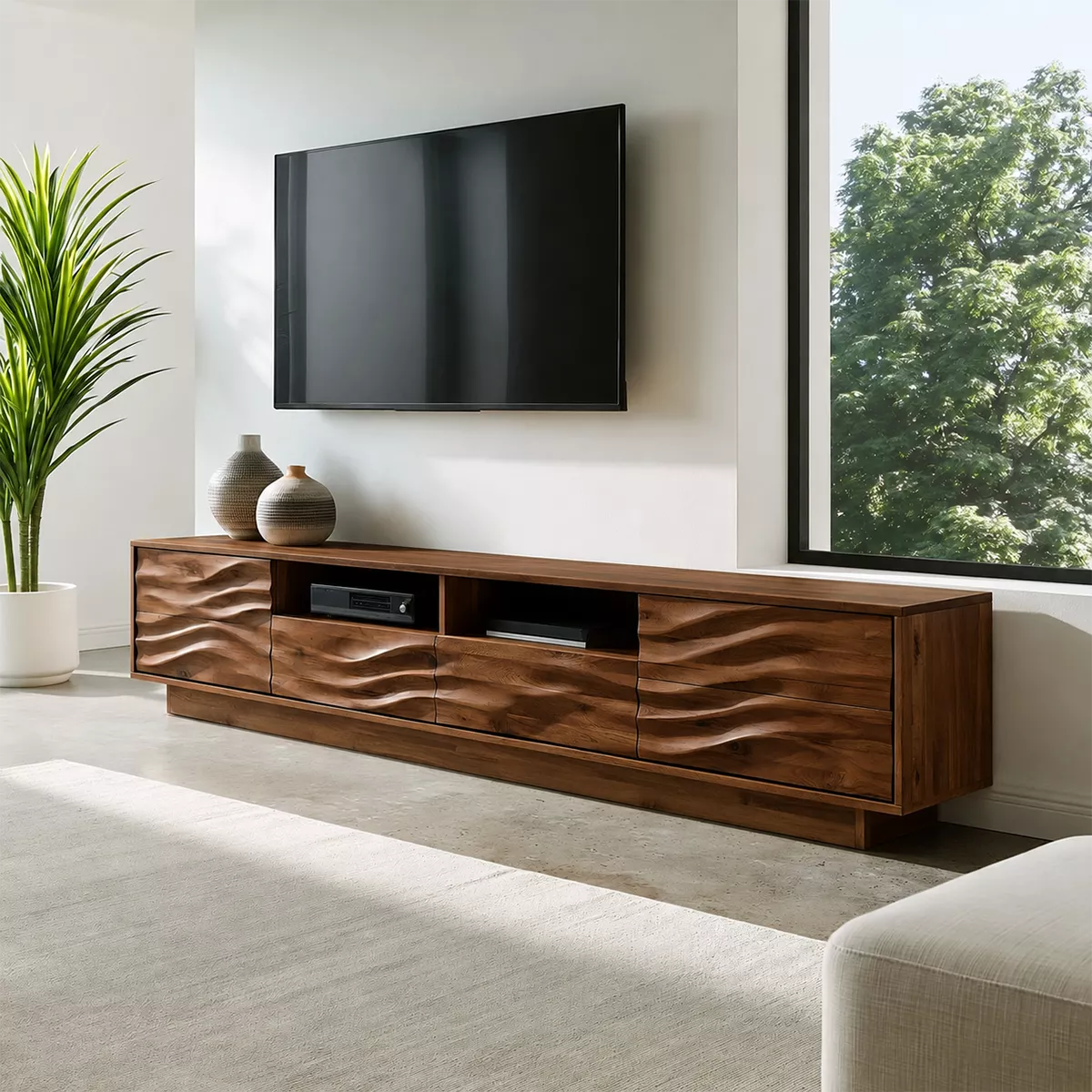 Natural Solid Wood TV Stand with Sculptural Wave Cabinet Doors Minimalist - Livewoodcraft - 10