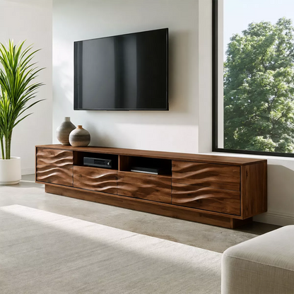 Natural Solid Wood TV Stand with Sculptural Wave Cabinet Doors Minimalist - Livewoodcraft - 10