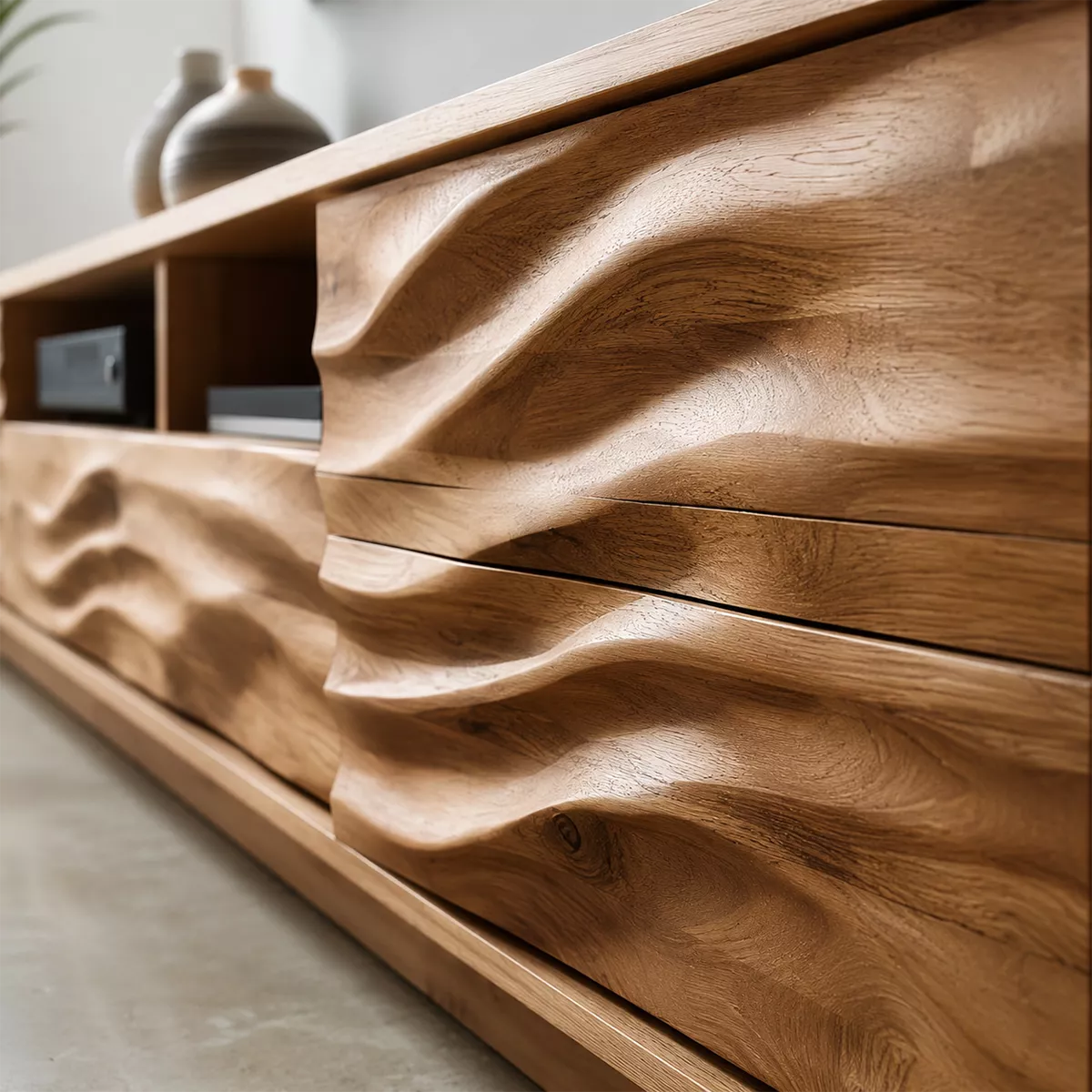 Natural Solid Wood TV Stand with Sculptural Wave Cabinet Doors Minimalist - Livewoodcraft - 2