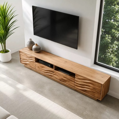 Natural Solid Wood TV Stand with Sculptural Wave Cabinet Doors Minimalist - Livewoodcraft - 3