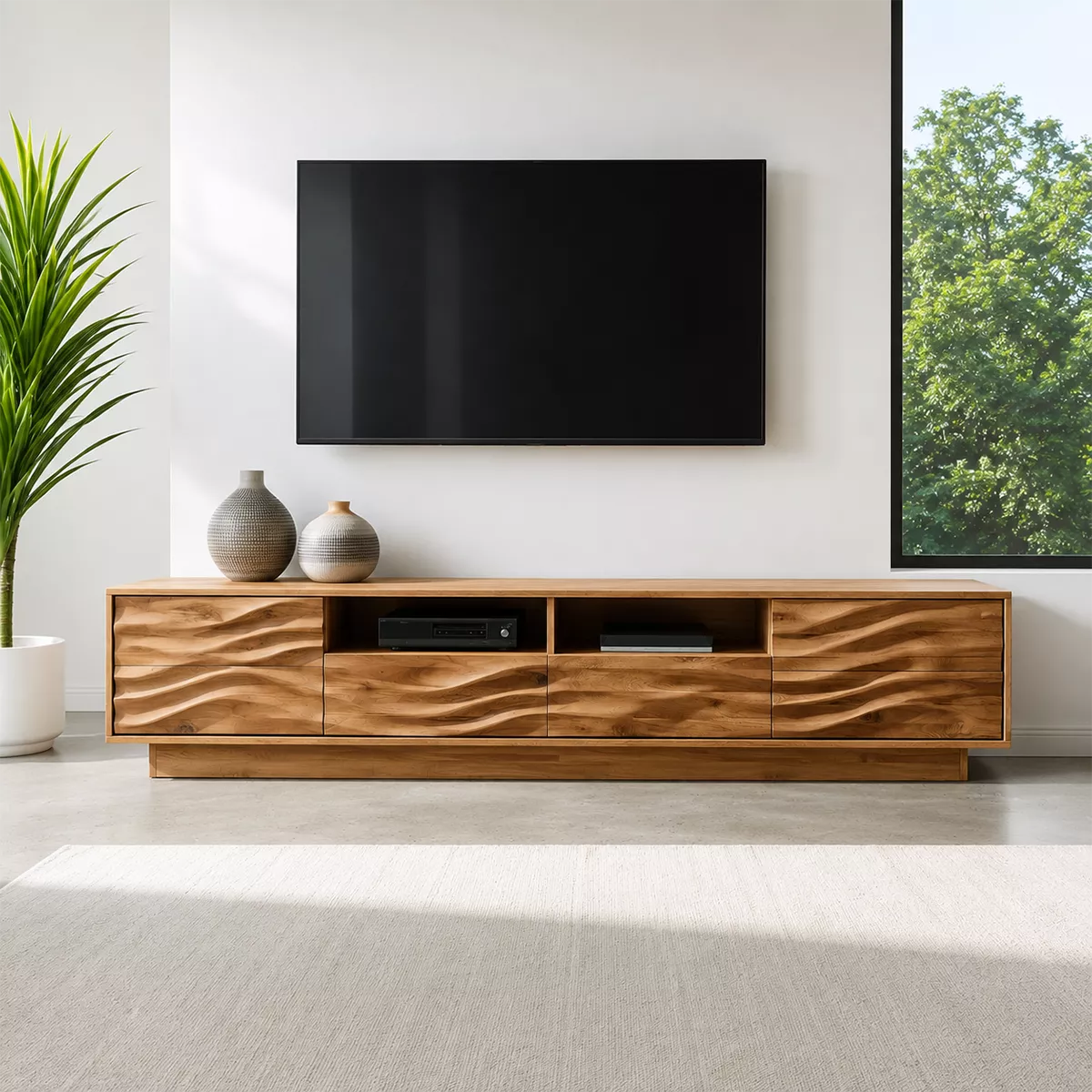 Natural Solid Wood TV Stand with Sculptural Wave Cabinet Doors Minimalist - Livewoodcraft - 4