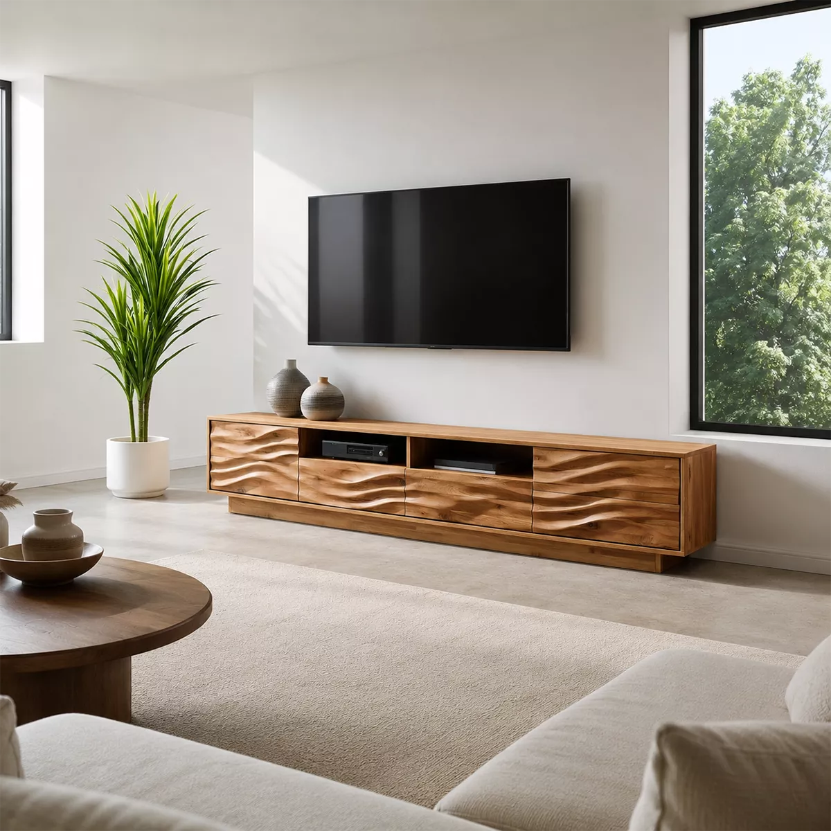 Natural Solid Wood TV Stand with Sculptural Wave Cabinet Doors Minimalist - Livewoodcraft - 5