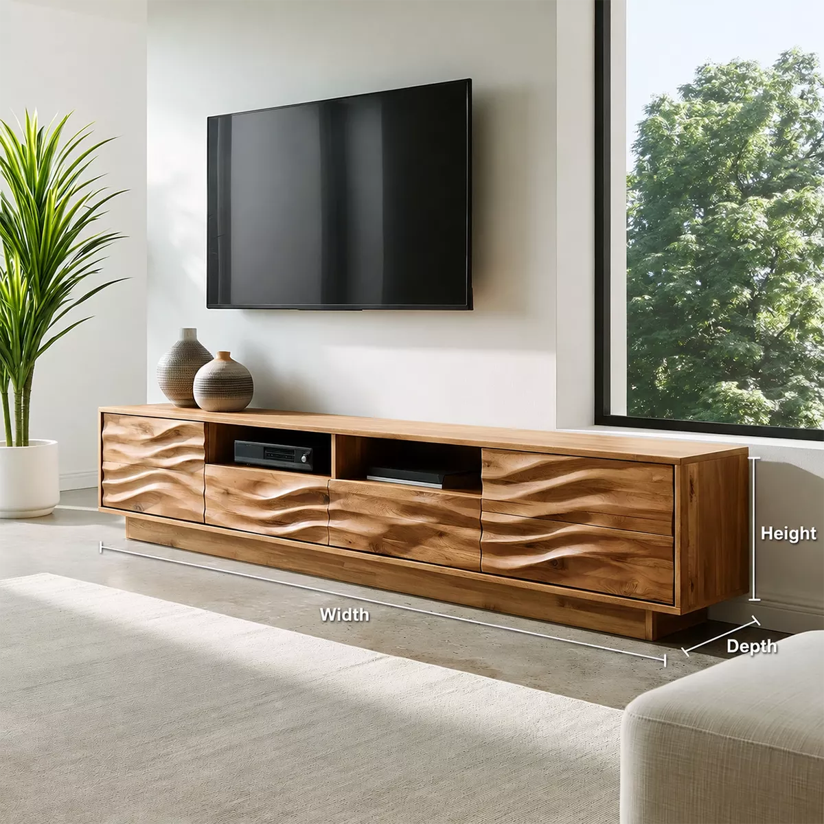 Natural Solid Wood TV Stand with Sculptural Wave Cabinet Doors Minimalist - Livewoodcraft - 6