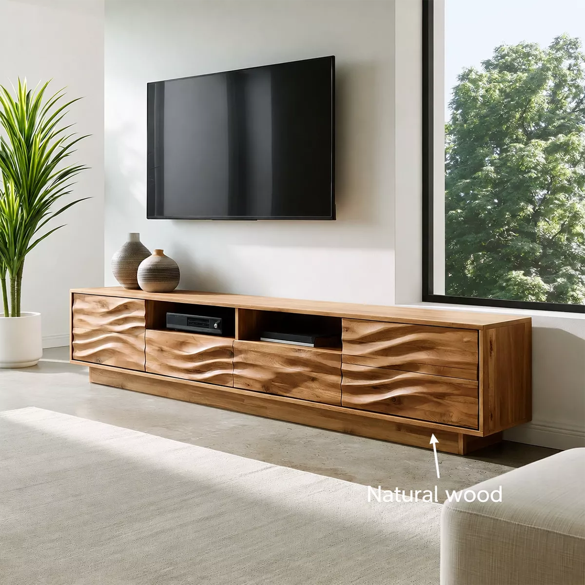 Natural Solid Wood TV Stand with Sculptural Wave Cabinet Doors Minimalist - Livewoodcraft - 7