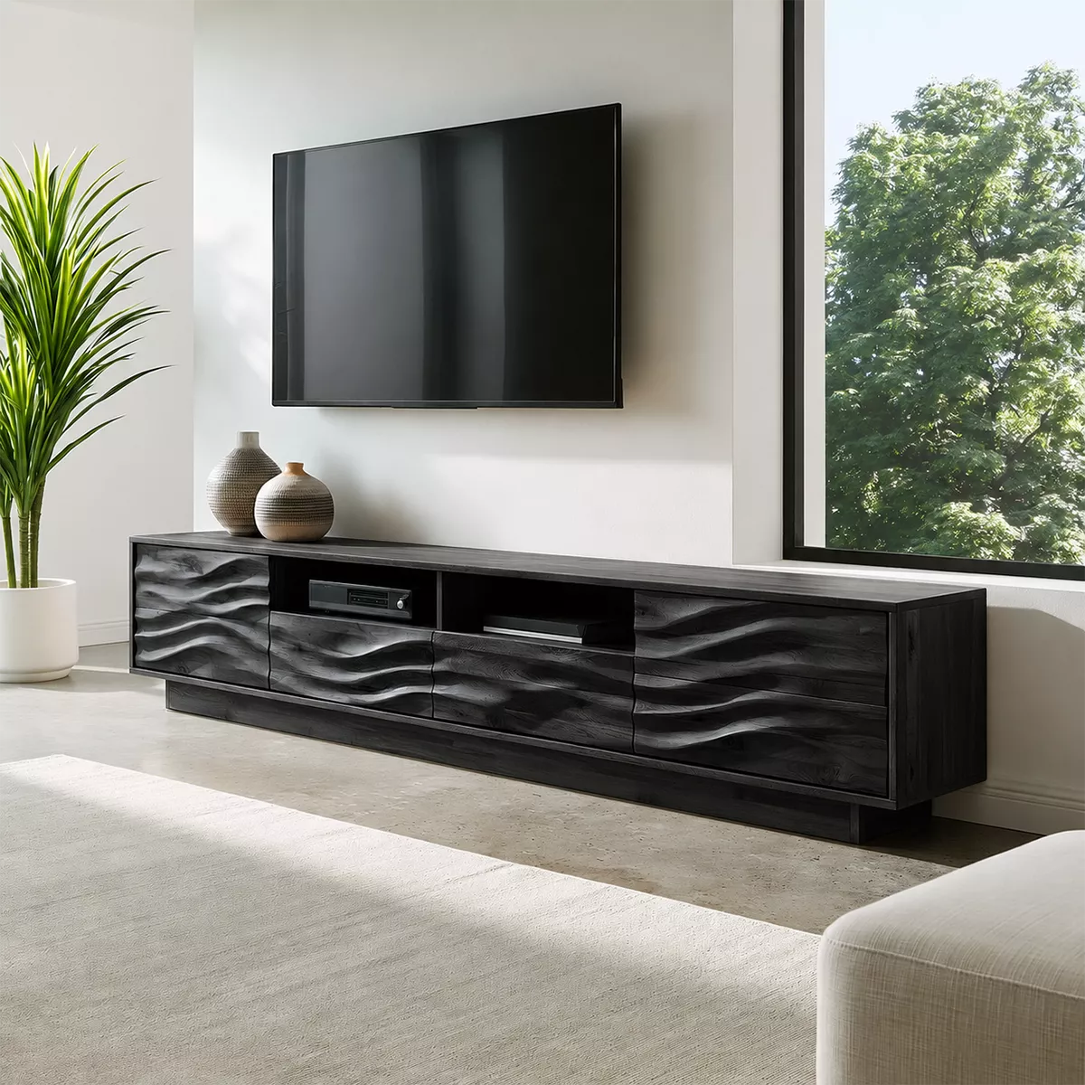 Natural Solid Wood TV Stand with Sculptural Wave Cabinet Doors Minimalist - Livewoodcraft - 8
