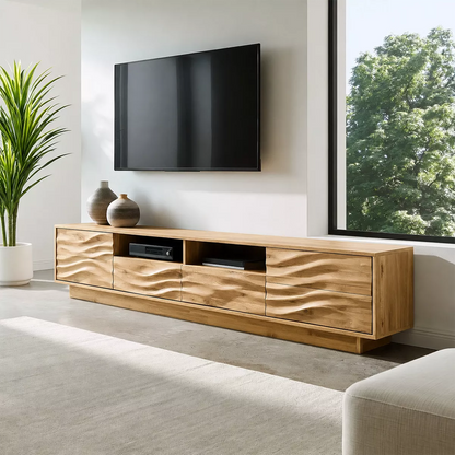 Natural Solid Wood TV Stand with Sculptural Wave Cabinet Doors Minimalist - Livewoodcraft - 9