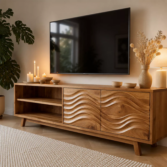 Natural Solid Wood TV Stand with Sculptural Wave Cabinet Doors Modern Design - Echotimber