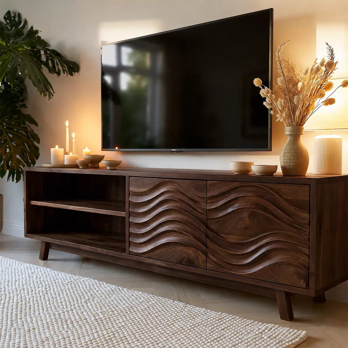Natural Solid Wood TV Stand with Sculptural Wave Cabinet Doors Modern Design - Livewoodcraft - 10