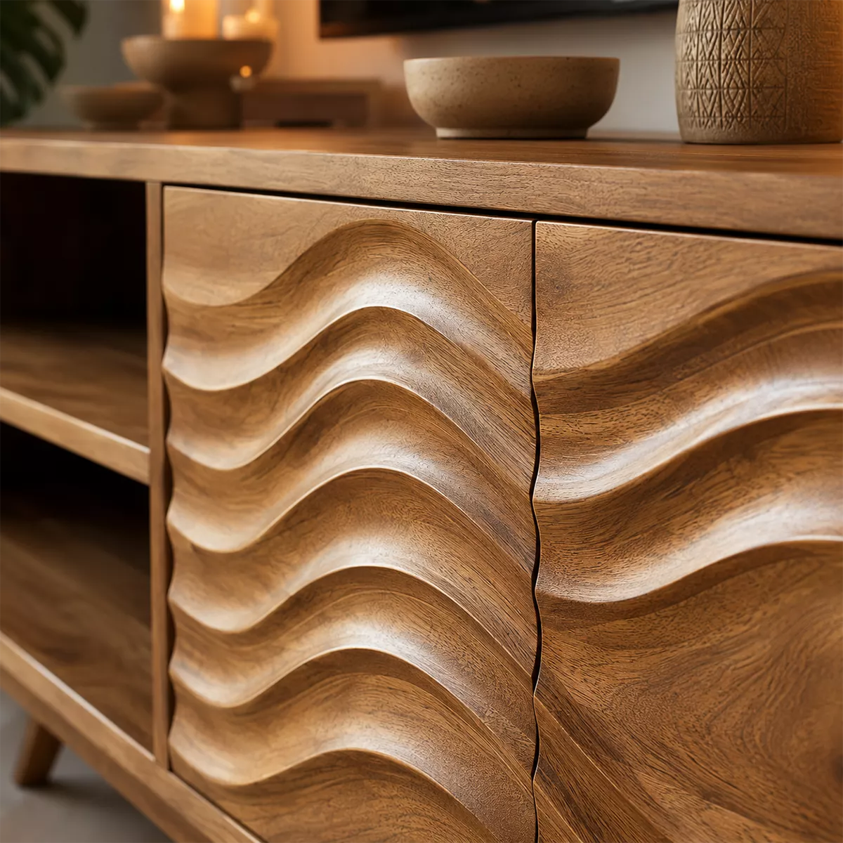 Natural Solid Wood TV Stand with Sculptural Wave Cabinet Doors Modern Design - Livewoodcraft - 2