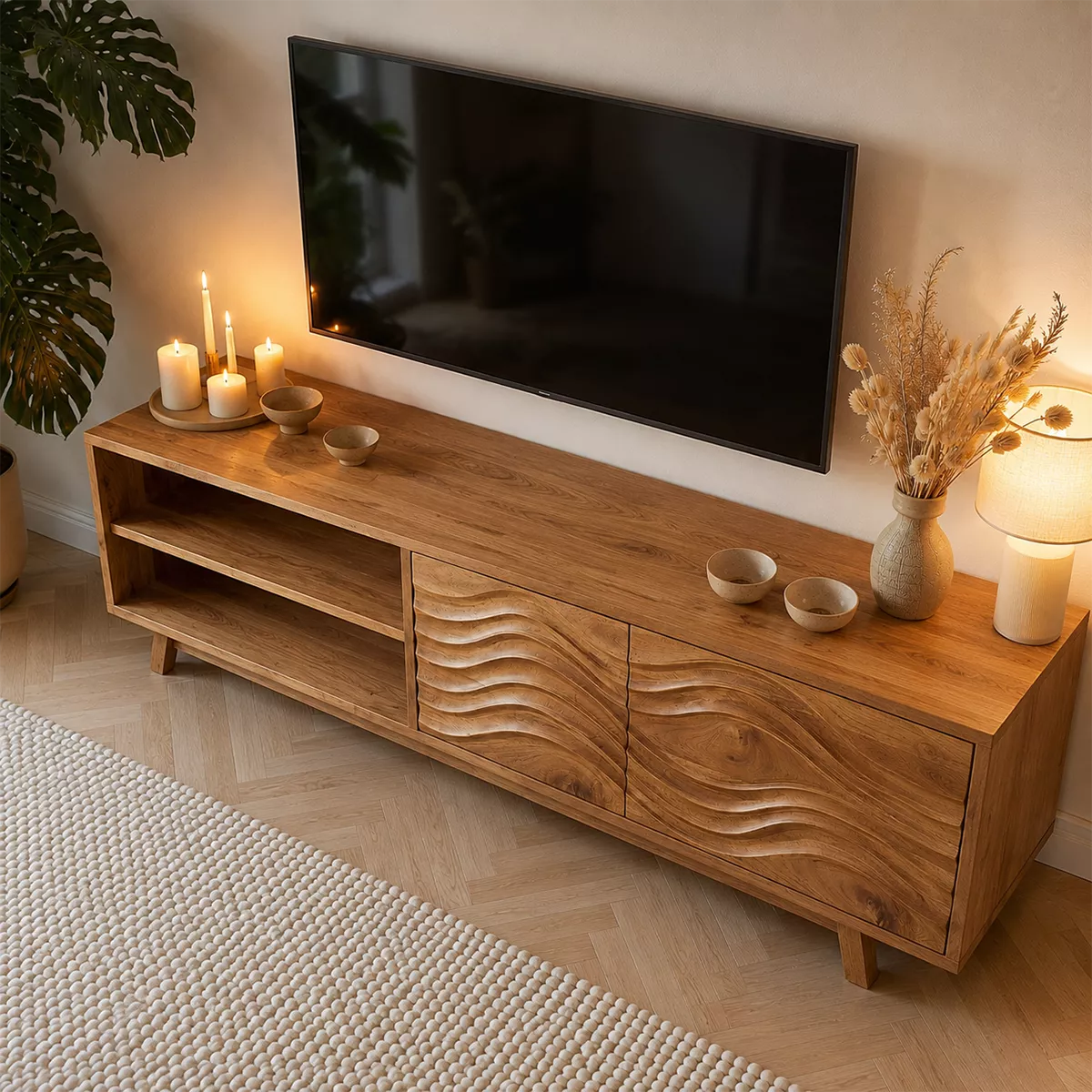 Natural Solid Wood TV Stand with Sculptural Wave Cabinet Doors Modern Design - Livewoodcraft - 3