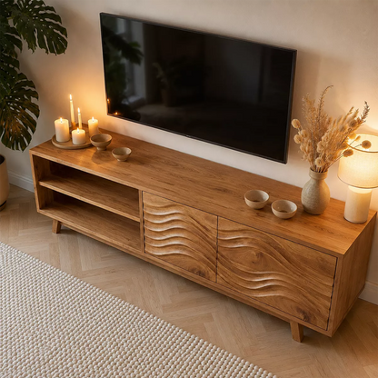 Natural Solid Wood TV Stand with Sculptural Wave Cabinet Doors Modern Design - Livewoodcraft - 3