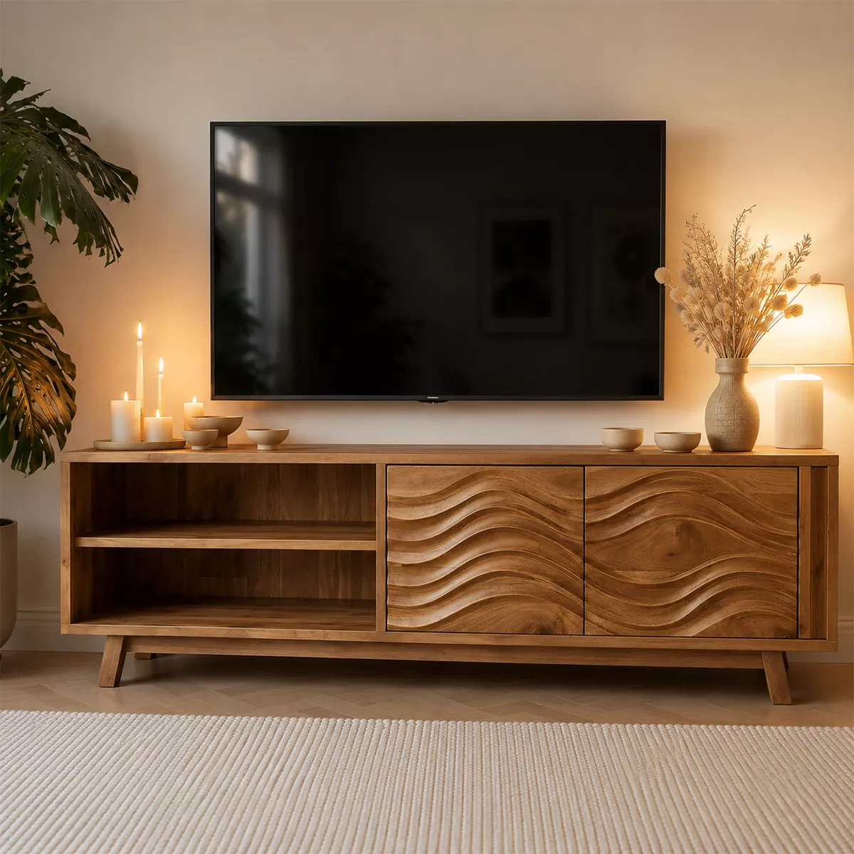 Natural Solid Wood TV Stand with Sculptural Wave Cabinet Doors Modern Design - Livewoodcraft - 4