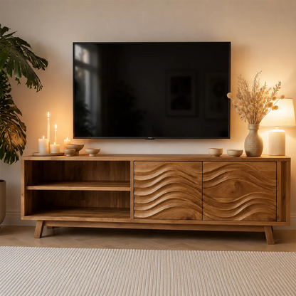 Natural Solid Wood TV Stand with Sculptural Wave Cabinet Doors Modern Design - Livewoodcraft - 4