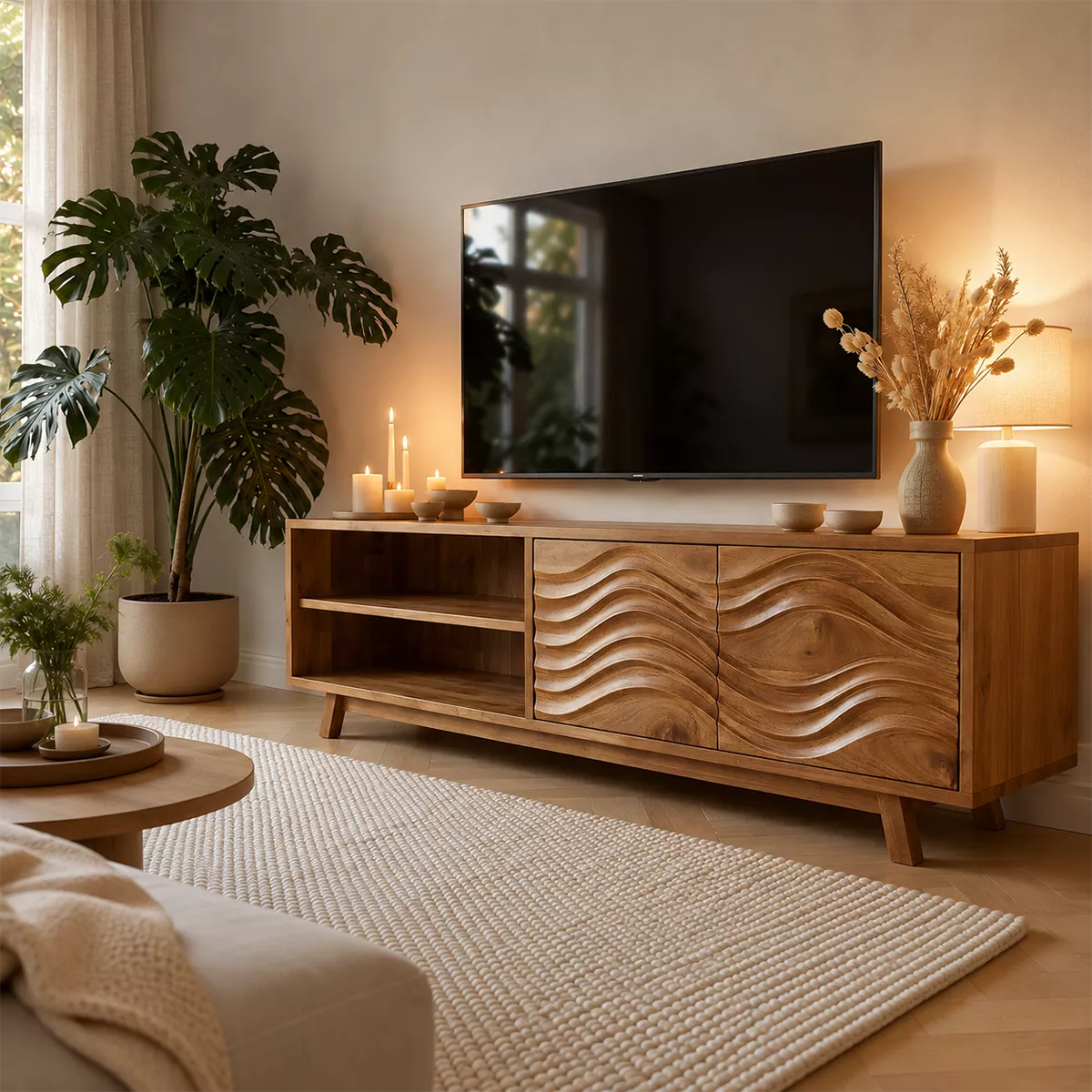 Natural Solid Wood TV Stand with Sculptural Wave Cabinet Doors Modern Design - Livewoodcraft - 5
