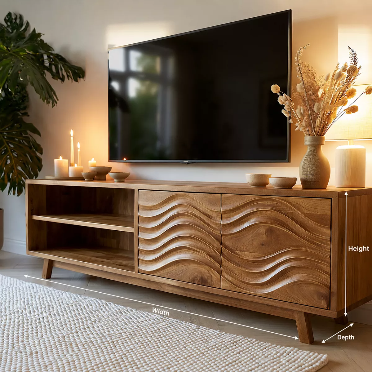 Natural Solid Wood TV Stand with Sculptural Wave Cabinet Doors Modern Design - Livewoodcraft - 6