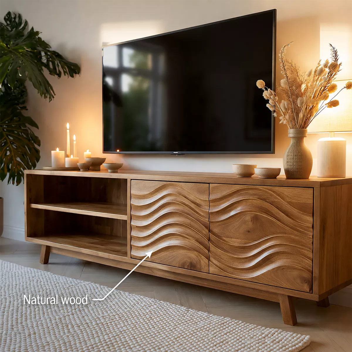 Natural Solid Wood TV Stand with Sculptural Wave Cabinet Doors Modern Design - Livewoodcraft - 7
