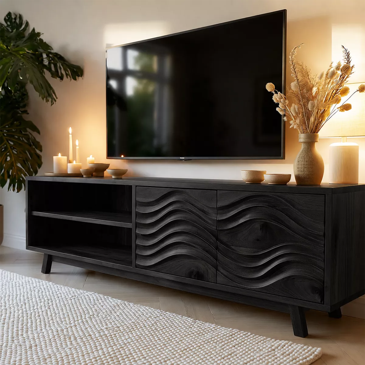 Natural Solid Wood TV Stand with Sculptural Wave Cabinet Doors Modern Design - Livewoodcraft - 8