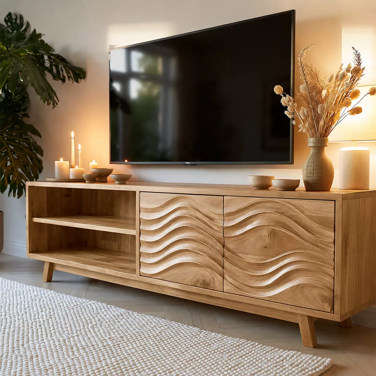 Natural Solid Wood TV Stand with Sculptural Wave Cabinet Doors Modern Design - Livewoodcraft - 9