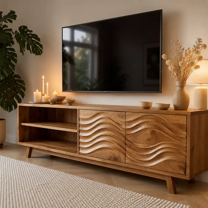 Natural Solid Wood TV Stand with Sculptural Wave Cabinet Doors Modern Design - Livewoodcraft