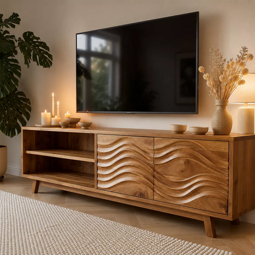 Natural Solid Wood TV Stand with Sculptural Wave Cabinet Doors Modern Design - Livewoodcraft
