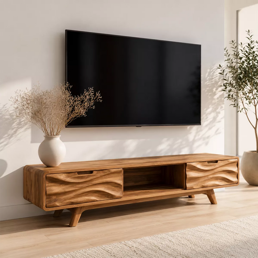 Natural Solid Wood TV Stand with Sculptural Wave Drawers Japandi Style - Echotimber