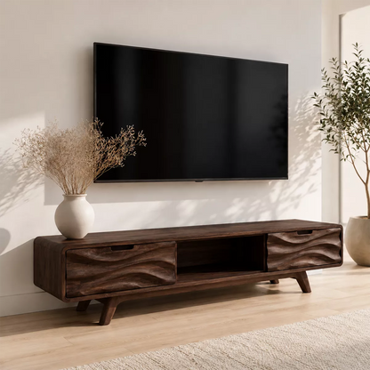Natural Solid Wood TV Stand with Sculptural Wave Drawers Japandi Style - Livewoodcraft - 10