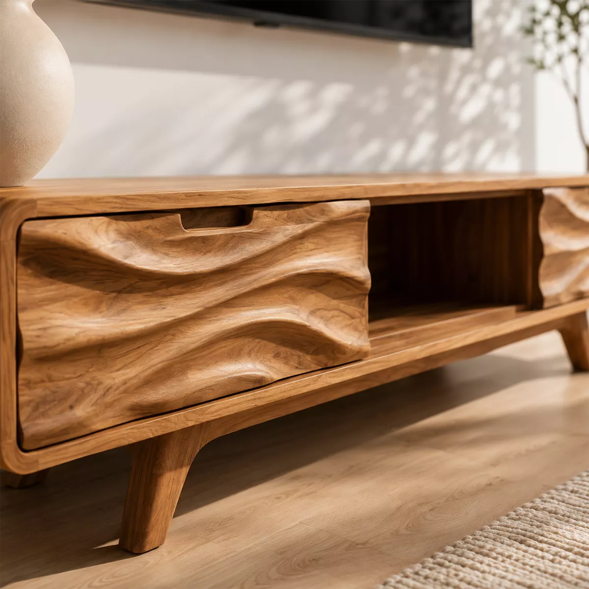 Natural Solid Wood TV Stand with Sculptural Wave Drawers Japandi Style - Livewoodcraft - 2