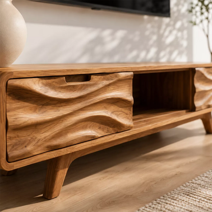 Natural Solid Wood TV Stand with Sculptural Wave Drawers Japandi Style - Livewoodcraft - 2