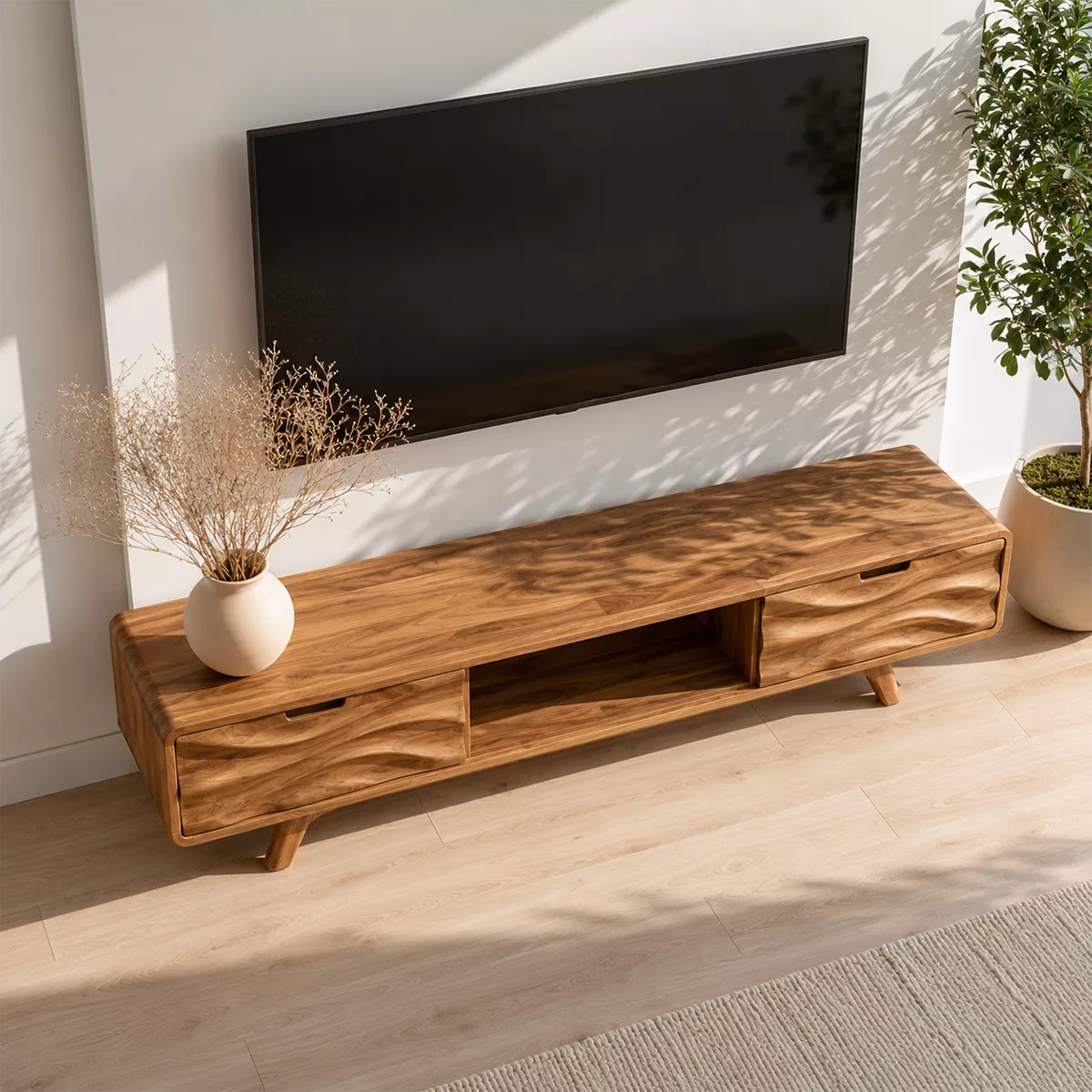 Natural Solid Wood TV Stand with Sculptural Wave Drawers Japandi Style - Livewoodcraft - 3
