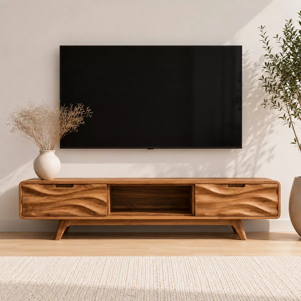 Natural Solid Wood TV Stand with Sculptural Wave Drawers Japandi Style - Livewoodcraft - 4