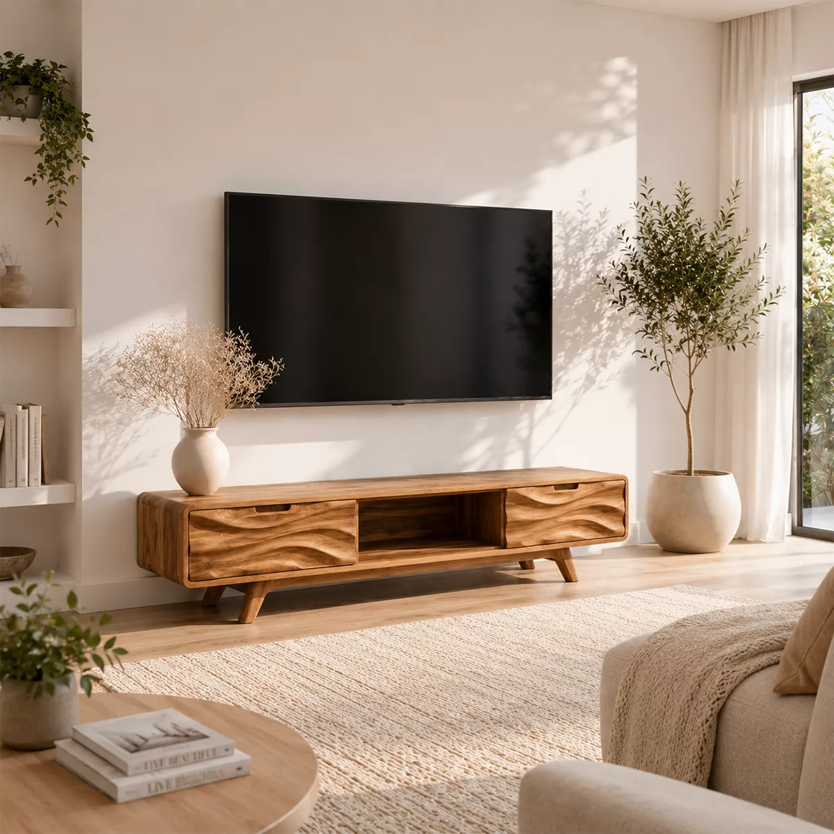 Natural Solid Wood TV Stand with Sculptural Wave Drawers Japandi Style - Livewoodcraft - 5