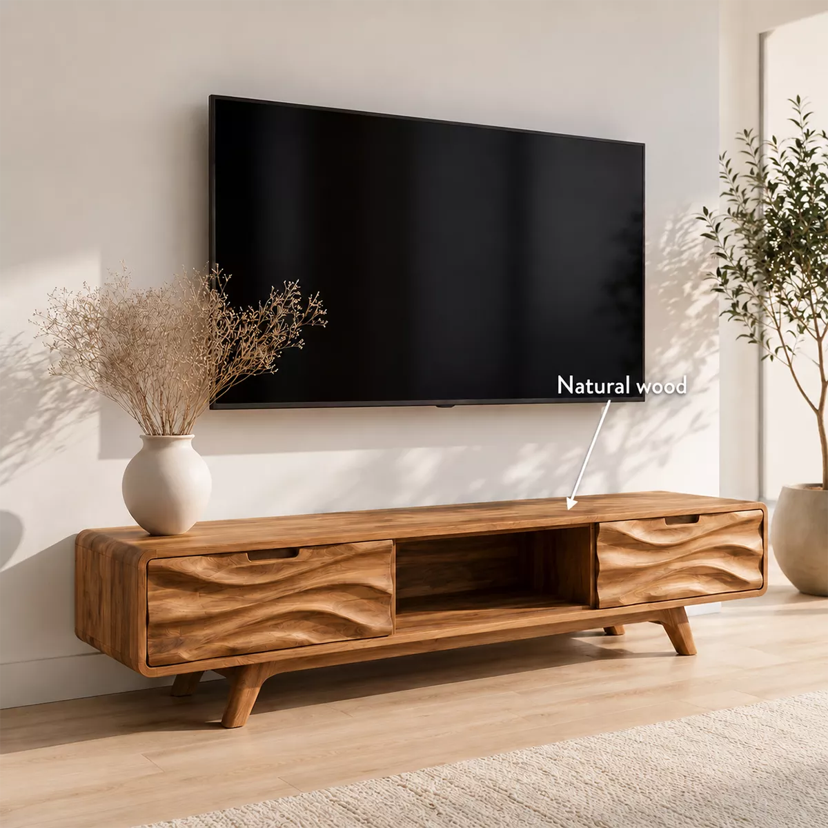 Natural Solid Wood TV Stand with Sculptural Wave Drawers Japandi Style - Livewoodcraft - 6