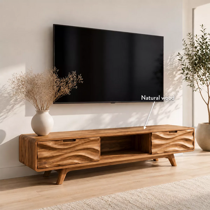Natural Solid Wood TV Stand with Sculptural Wave Drawers Japandi Style - Livewoodcraft - 6