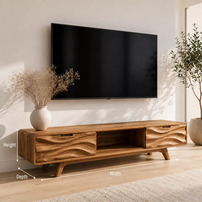 Natural Solid Wood TV Stand with Sculptural Wave Drawers Japandi Style - Livewoodcraft - 7