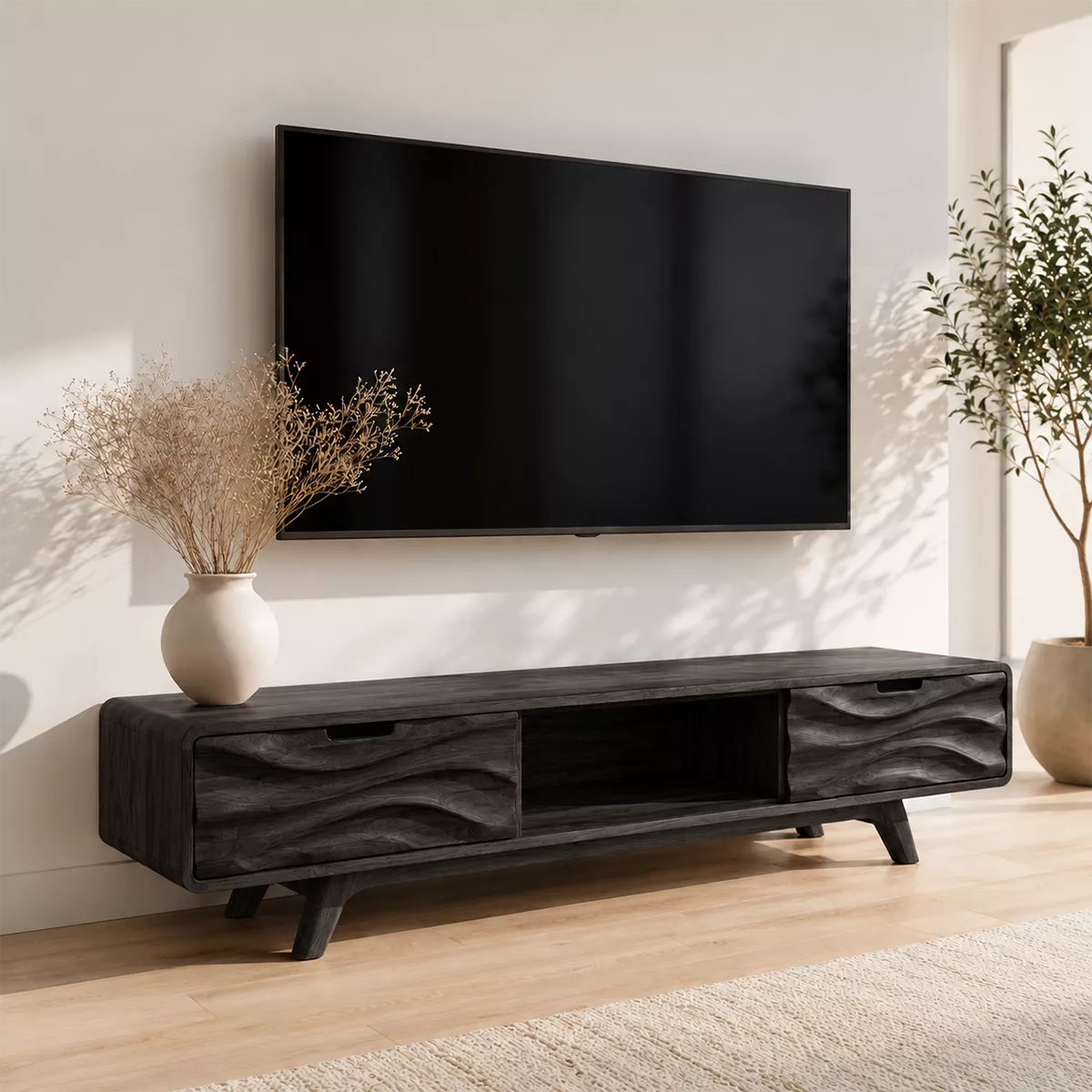 Natural Solid Wood TV Stand with Sculptural Wave Drawers Japandi Style - Livewoodcraft - 8