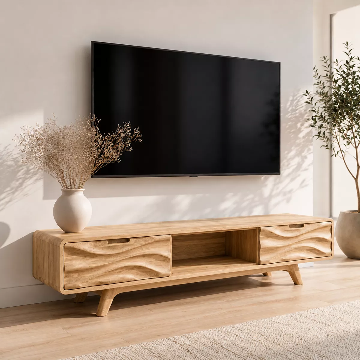 Natural Solid Wood TV Stand with Sculptural Wave Drawers Japandi Style - Livewoodcraft - 9