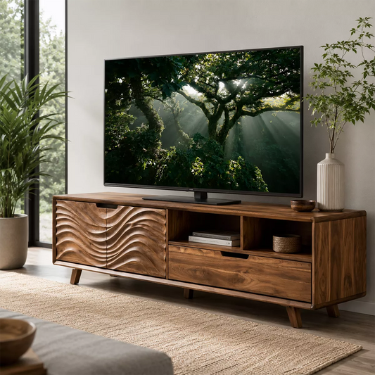 Natural Solid Wood TV Stand with Sculptural Wavy Cabinet Door Japandi - Echotimber