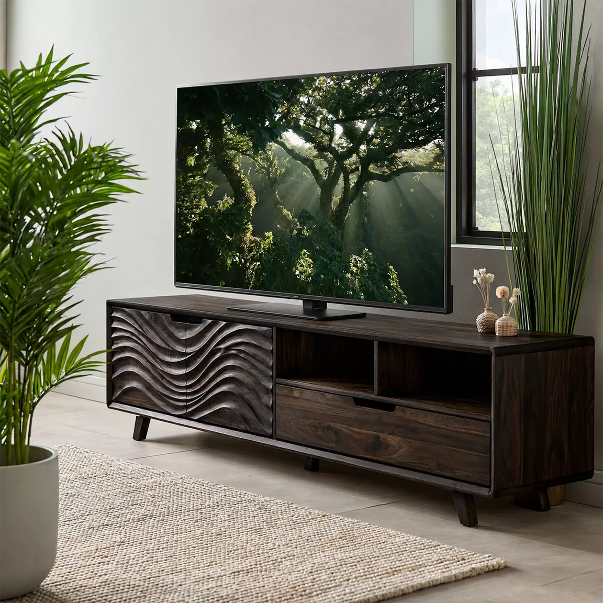 Natural Solid Wood TV Stand with Sculptural Wavy Cabinet Door Japandi - Livewoodcraft - 10