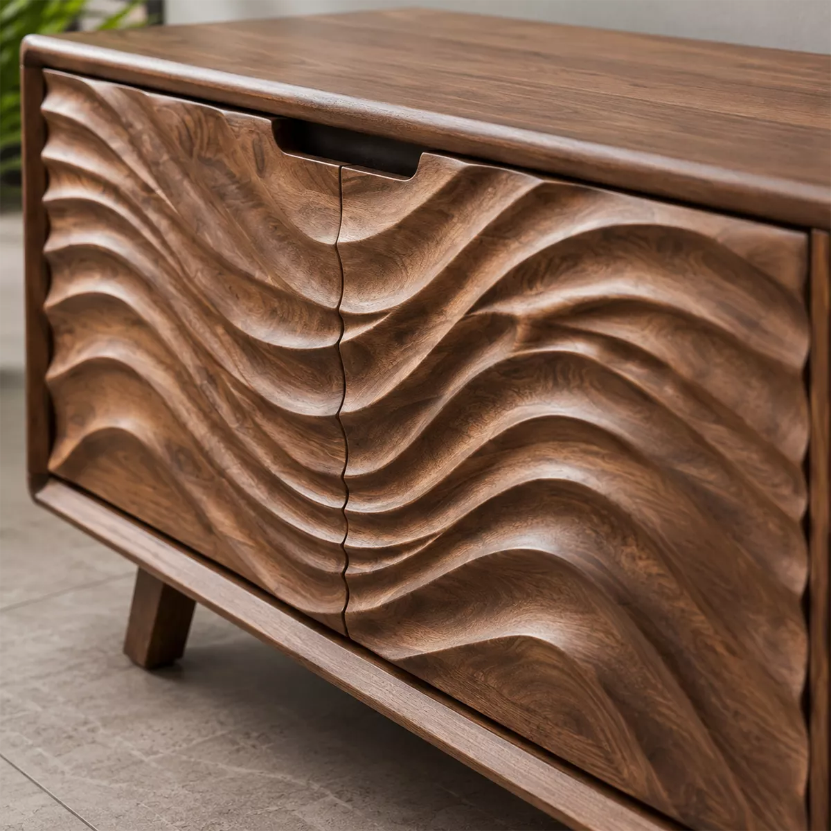 Natural Solid Wood TV Stand with Sculptural Wavy Cabinet Door Japandi - Livewoodcraft - 2