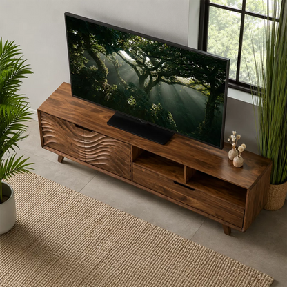 Natural Solid Wood TV Stand with Sculptural Wavy Cabinet Door Japandi - Livewoodcraft - 3