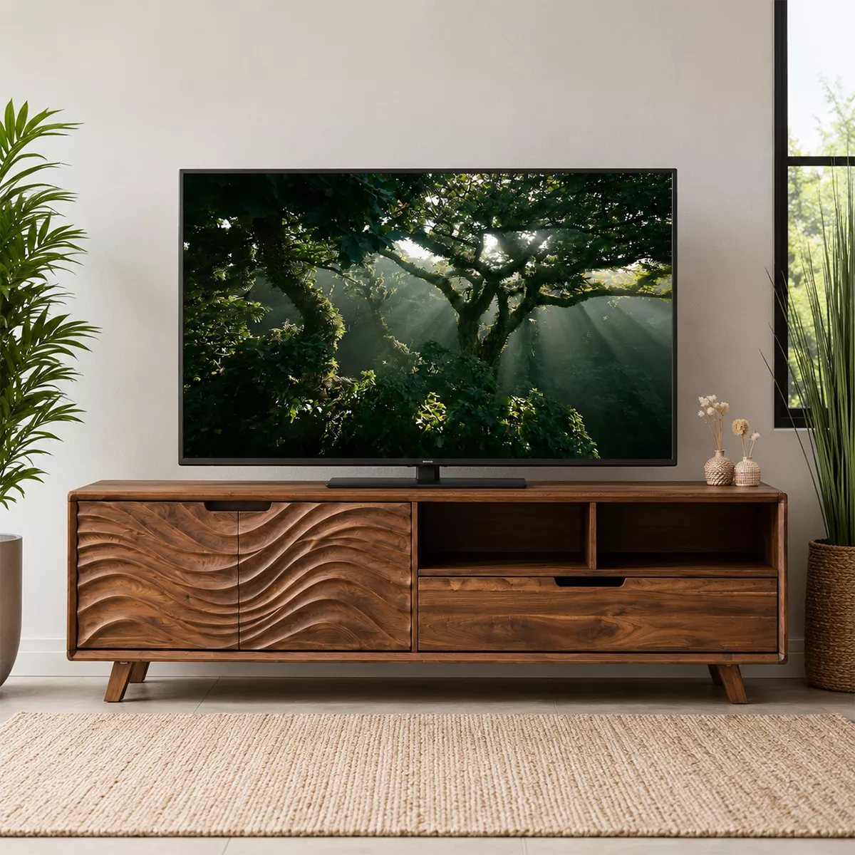 Natural Solid Wood TV Stand with Sculptural Wavy Cabinet Door Japandi - Livewoodcraft - 4